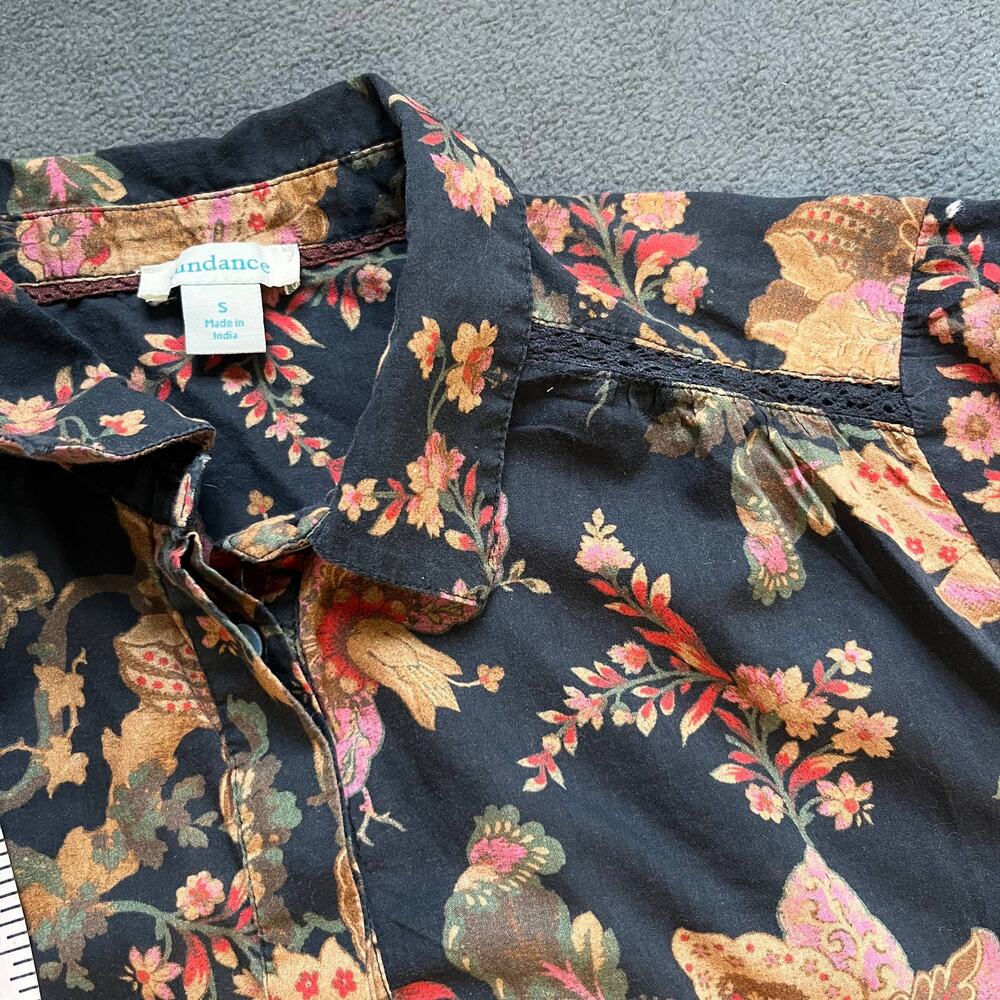 Sundance Floral Blouse Womens Size Small Black Half Button Long Sleeve Top - Picture 5 of 10